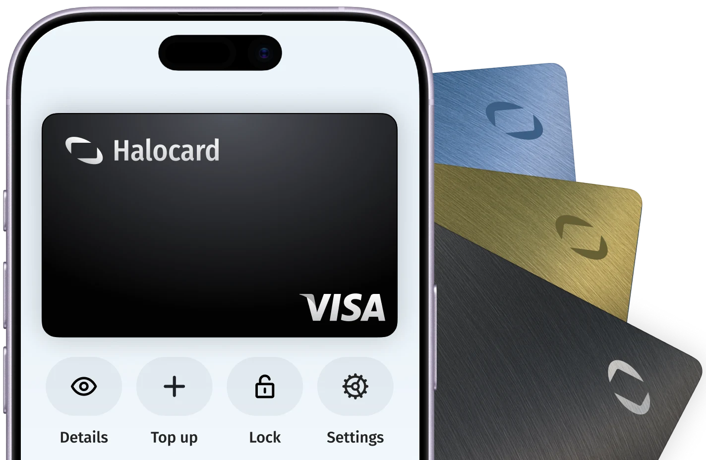 Halocard on a phone, with Halocard metal cards fanned behind it