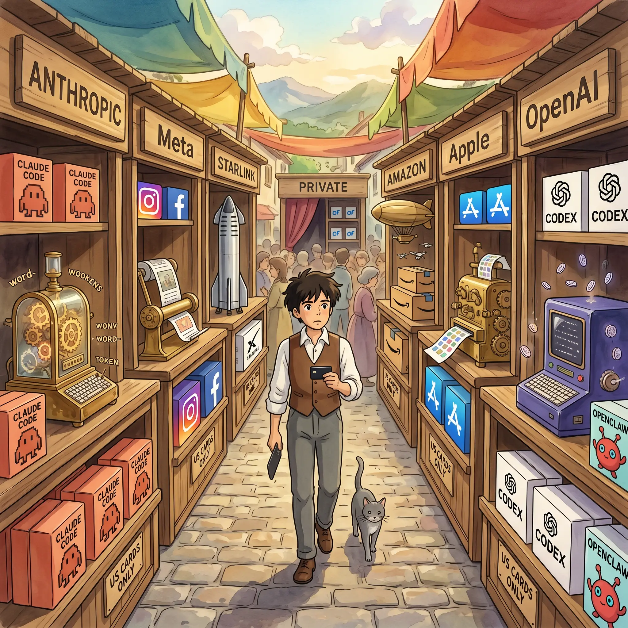 Ed walking through a bustling Ghibli-style street bazaar of US-only merchant stalls, holding a plain black debit card.