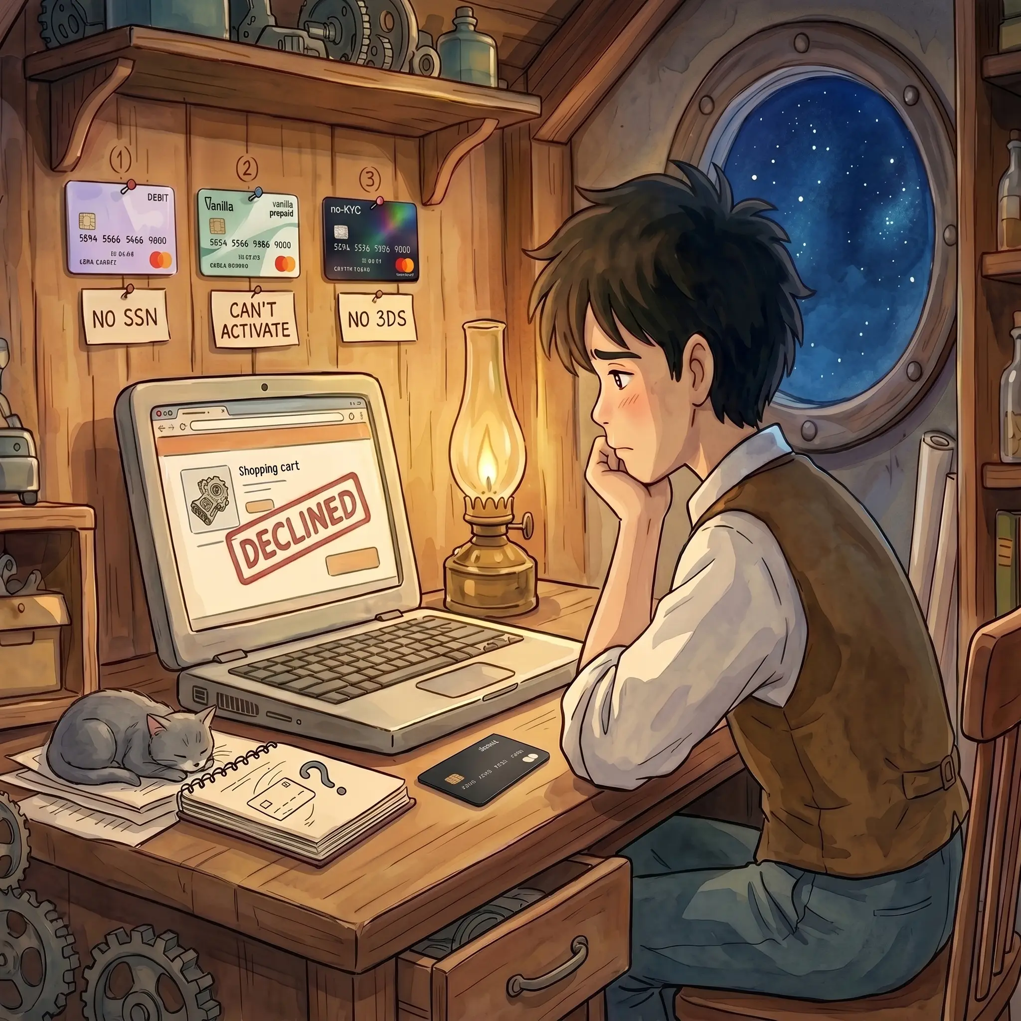 Hand-painted scene of Ed faced with declined Privacy, Vanilla prepaid, and crypto cards — none of them working.
