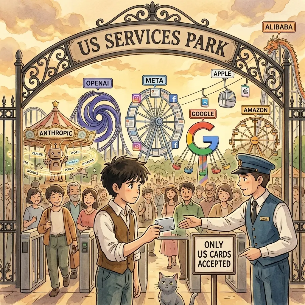 Ghibli US SERVICES PARK theme-park entrance with merchant rides labelled ANTHROPIC, OPENAI, META, GOOGLE, APPLE, AMAZON, and ALIBABA. Ed at the gate holding a plain debit card is politely turned away by an attendant pointing at an ONLY US CARDS ACCEPTED sign.