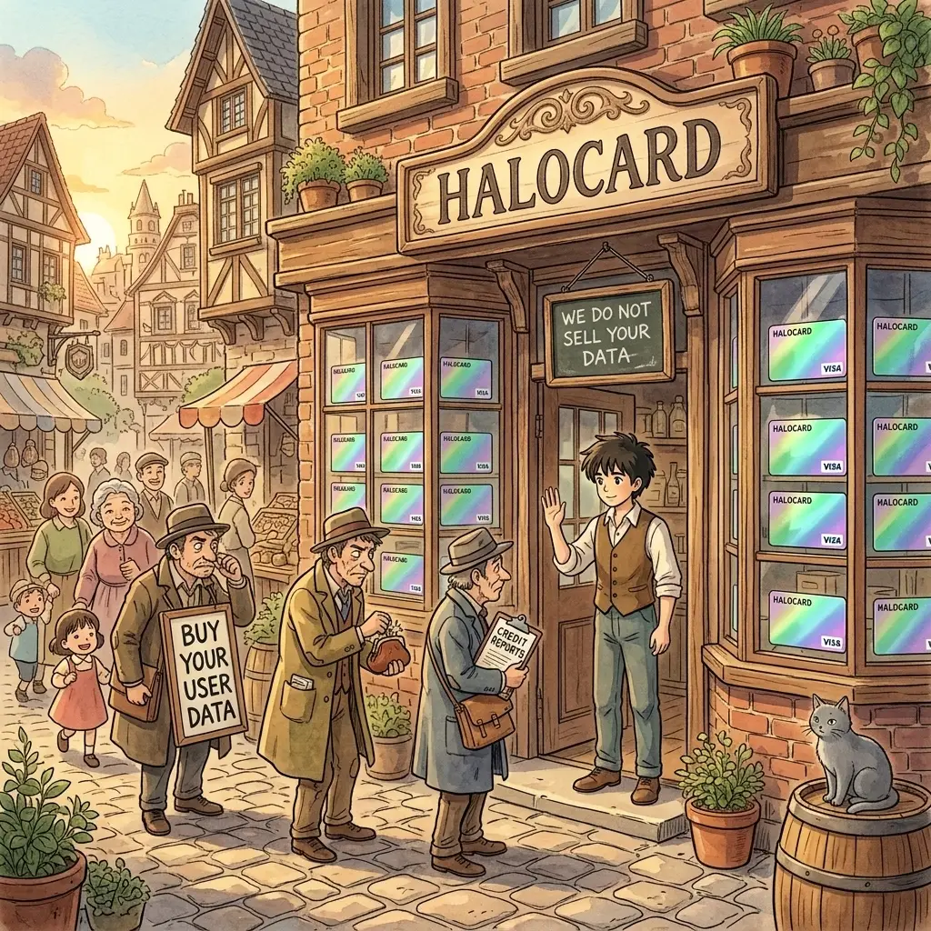Ed at the door of a Ghibli HALOCARD shopfront calmly waving off a small queue of sketchy data brokers (sandwich board reading BUY YOUR USER DATA, coin purse, CREDIT REPORTS clipboard). A WE DO NOT SELL YOUR DATA chalkboard hangs above the door; iridescent Halocards glow in the bay windows.