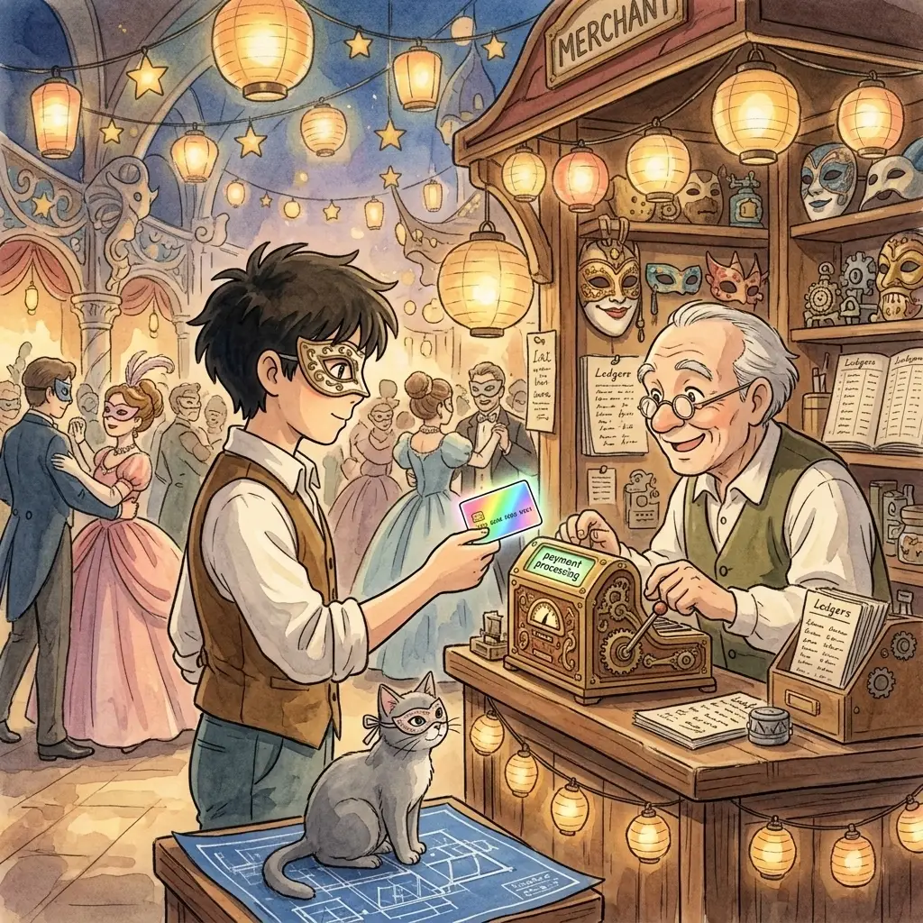 Inside a warm Ghibli masquerade boutique, Ed hands an iridescent Halocard to an elderly shopkeeper at a brass register. Masked dancers swirl in the background under hanging lanterns; the merchant only sees the masked card details on the receipt.