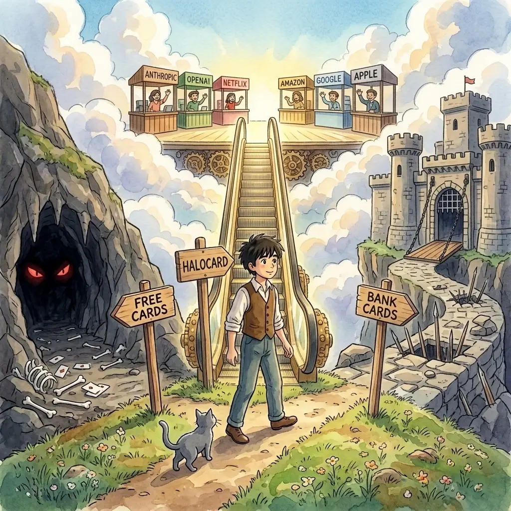 Ghibli plaza with three diverging paths: a FREE CARDS dragon's lair on the left, a brass HALOCARD escalator rising into the golden sky in the middle with an upward arrow, and a BANK CARDS fortress maze on the right. Two ornate WE PAY FOR USER DATA carriages wait beside the bank-cards path; Ed gestures confidently toward the HALOCARD escalator.