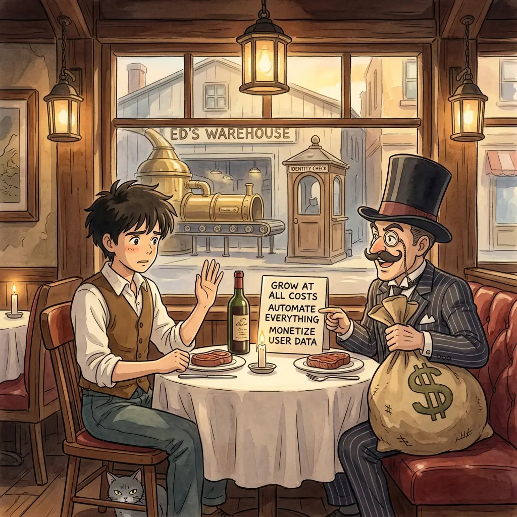 Inside a dim Ghibli steakhouse with ED'S WAREHOUSE visible through the window, Ed sits across from a top-hatted pinstripe investor who slides an enormous bulging money sack across the white tablecloth and points at a card reading GROW AT ALL COSTS / AUTOMATE EVERYTHING / MONETIZE USER DATA. Ed politely raises his hand to decline.
