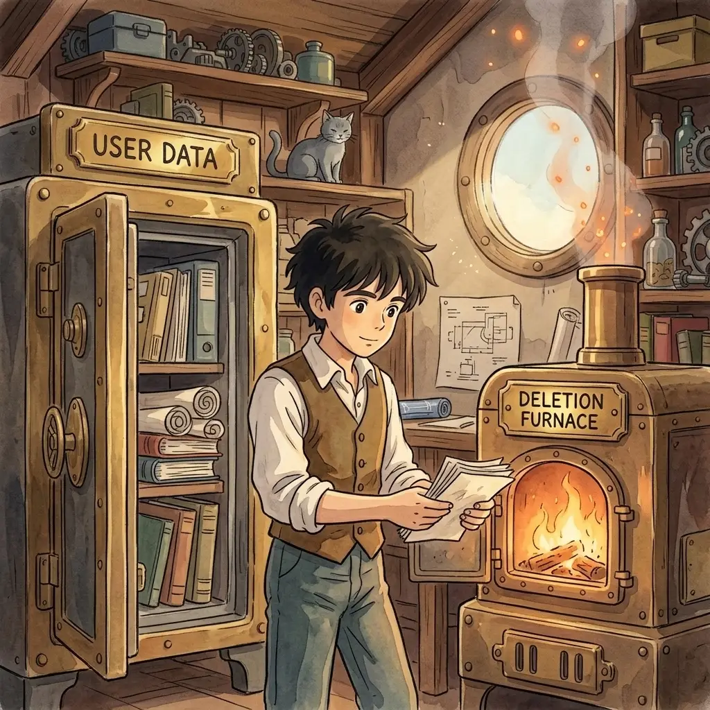 Ed in his Ghibli workshop with a brass USER DATA safe on one side and a glowing copper DELETION FURNACE on the other, calmly feeding a paper file into the flames. Warm smoke rises through brass piping.
