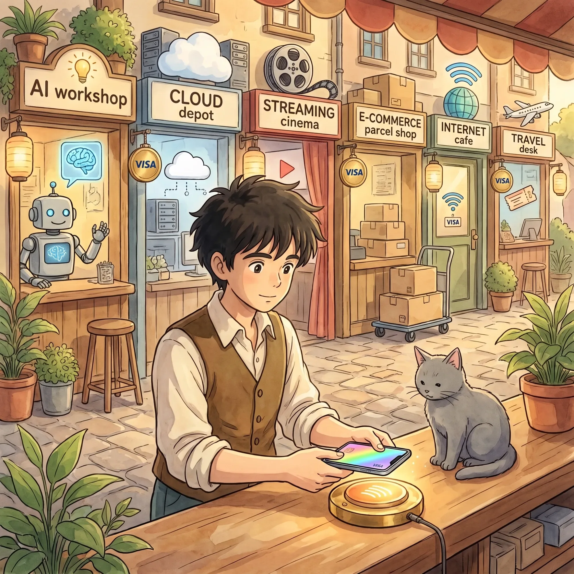 Ed taps his phone on a glowing brass contactless reader at a market counter with a rainbow Halocard on screen, a parade of storefronts behind him for AI, Cloud, Streaming, e-commerce, Internet and Travel, his grey cat beside him.