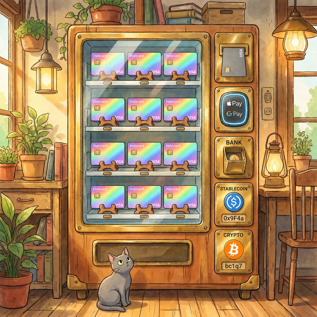 A warm hand-painted Ghibli vending machine behind glass dispensing rows of rainbow Halocard Visa cards, with a right-hand brass panel of payment methods top to bottom: a card-insert slot, an Apple/Google Pay tap pad, a bank-transfer chute, a USDC stablecoin slot and a Bitcoin slot.