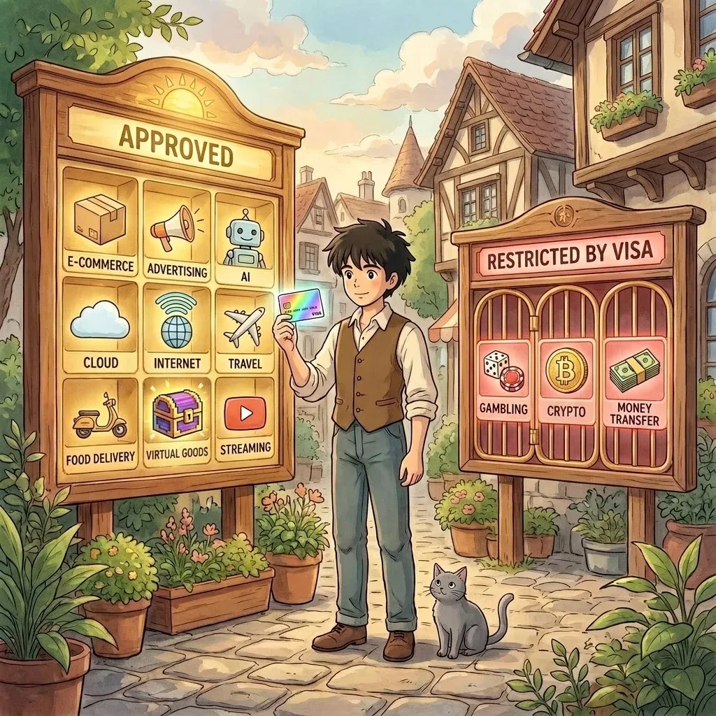 Ed holds his rainbow Halocard in a Ghibli plaza between two notice-boards: a sunlit APPROVED board listing e-commerce, advertising, AI, cloud, internet, travel, food delivery, virtual goods and streaming, and a red-tinted RESTRICTED BY VISA board with gambling, crypto and money transfer barred behind brass gates, his grey cat at his feet.