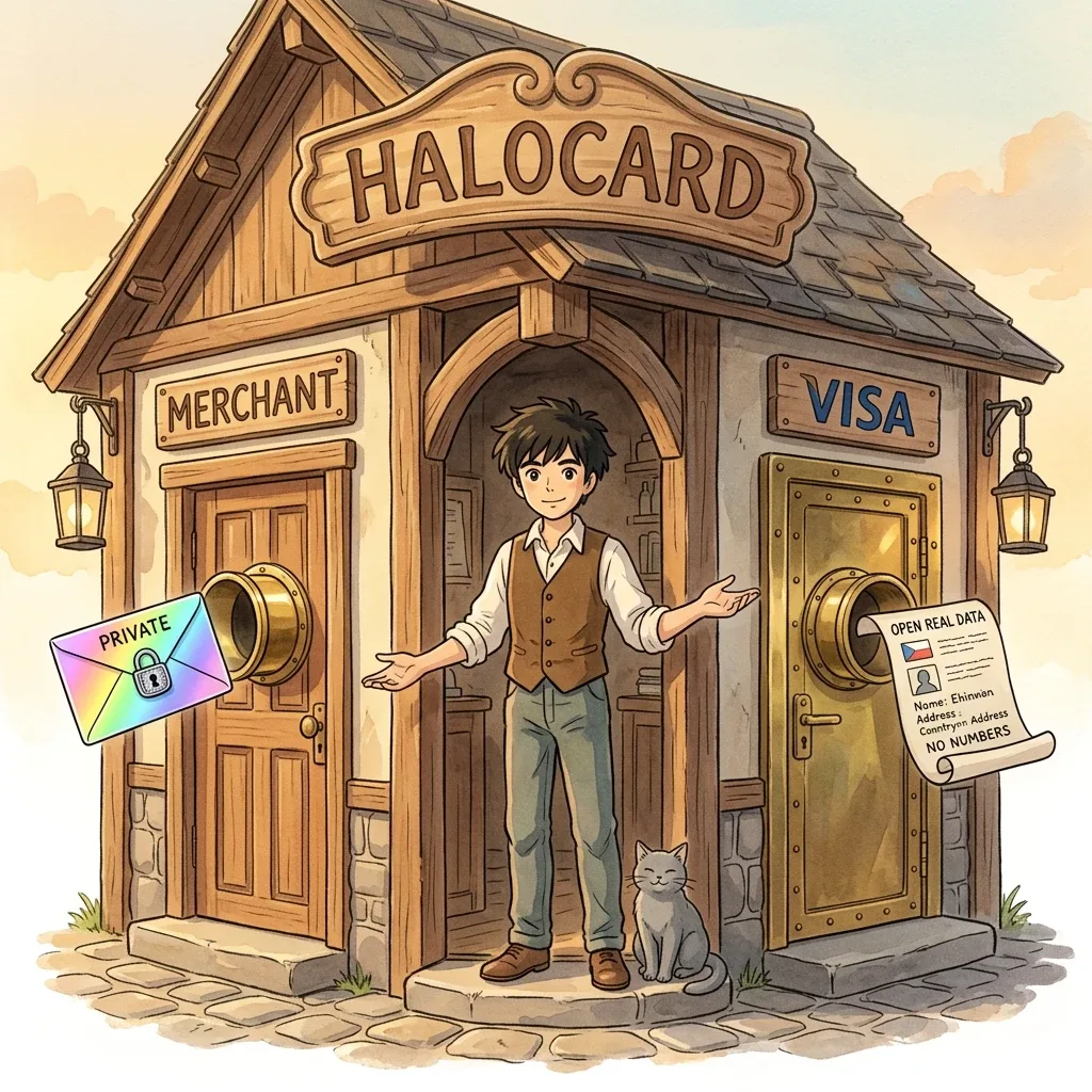 Ed stands at a Halocard booth between two doors — a MERCHANT door that only receives a sealed PRIVATE rainbow envelope, and a VISA door that takes his real verified details — showing merchants see only what he chooses to share while Visa verifies the essentials, his grey cat beside him.