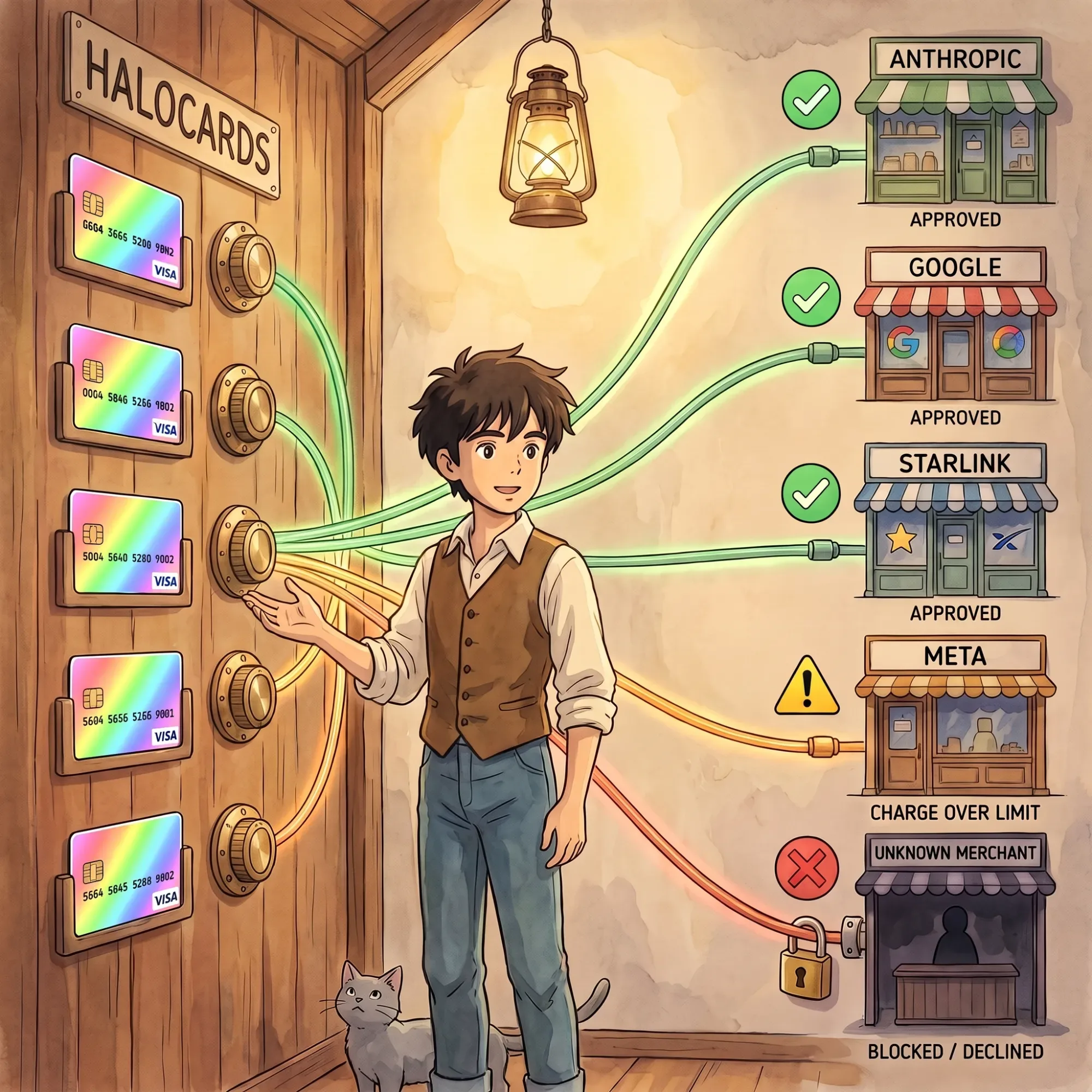 Ed at a wooden HALOCARDS control wall of rainbow Halocard Visa cards with spending-limit dials, glowing cords linking each card to a merchant: Anthropic, Google and Starlink approved with green ticks, Meta flagged with a yellow caution triangle for a charge over the limit, and an Unknown Merchant blocked and declined behind a padlock with a red X, his grey cat beside him.