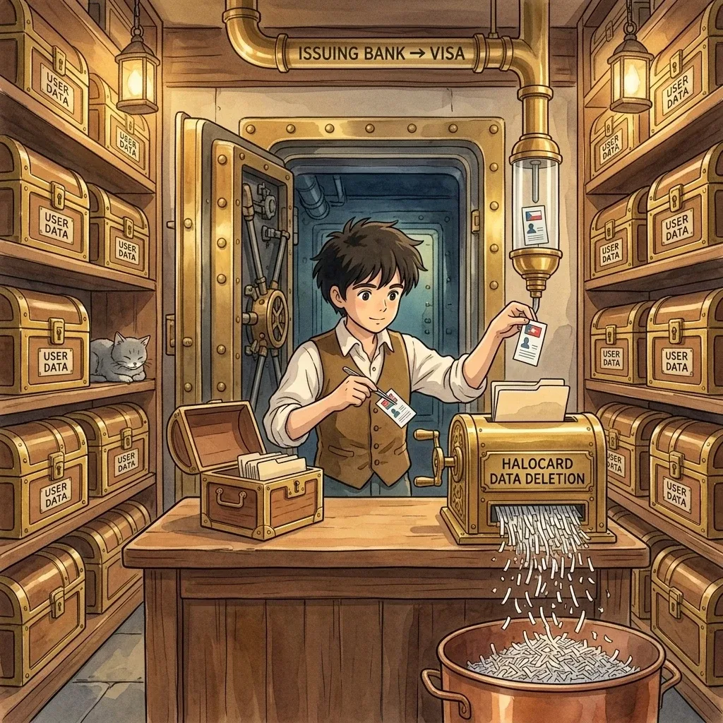 Ed in a brass vault lined with USER DATA chests, feeding an identity file into a HALOCARD DATA DELETION shredder while a pneumatic tube routes the essentials onward to the issuing bank and Visa, his grey cat asleep on a shelf.