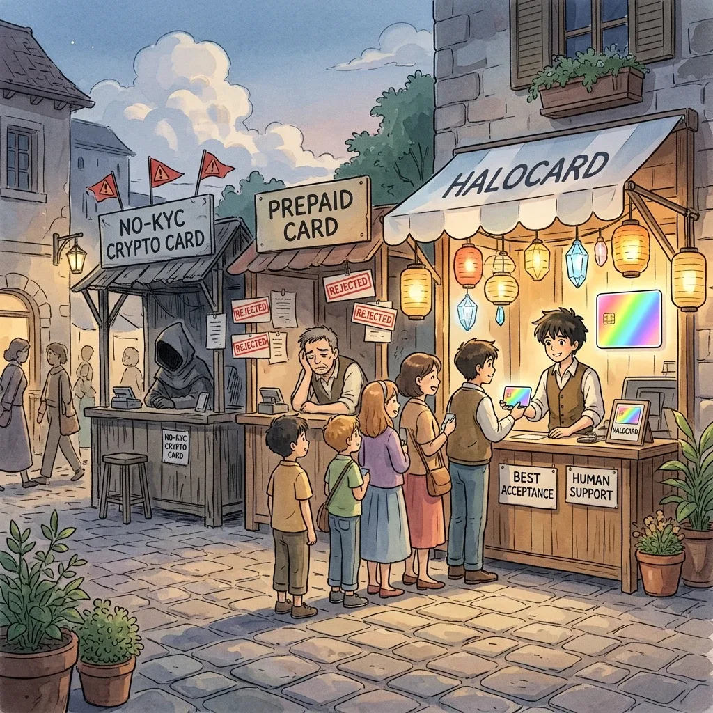Three market stalls side by side — a shadowy NO-KYC CRYPTO CARD seller, a PREPAID CARD stall papered with REJECTED notices, and a bright Halocard stall with a happy queue under lanterns and BEST ACCEPTANCE and HUMAN SUPPORT signs.